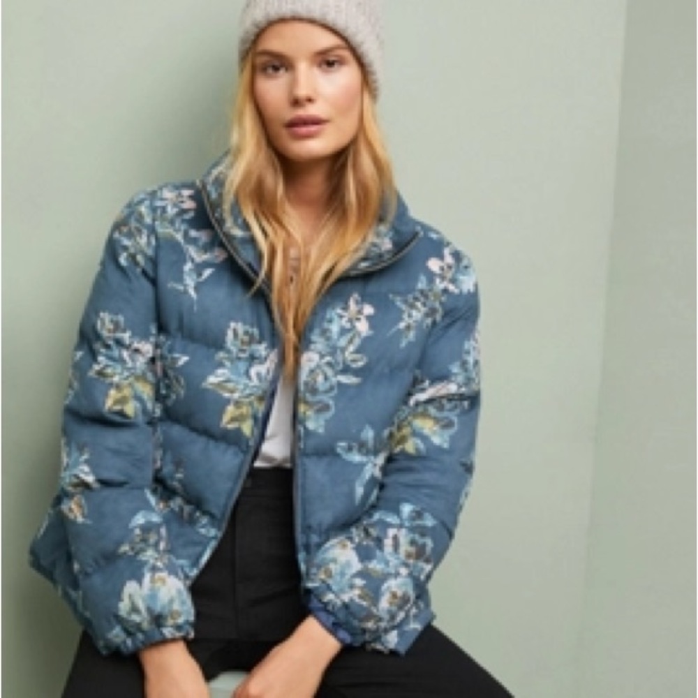 Anthropologie Ett:wa Floral Puffer Jacket Blue Print XS
